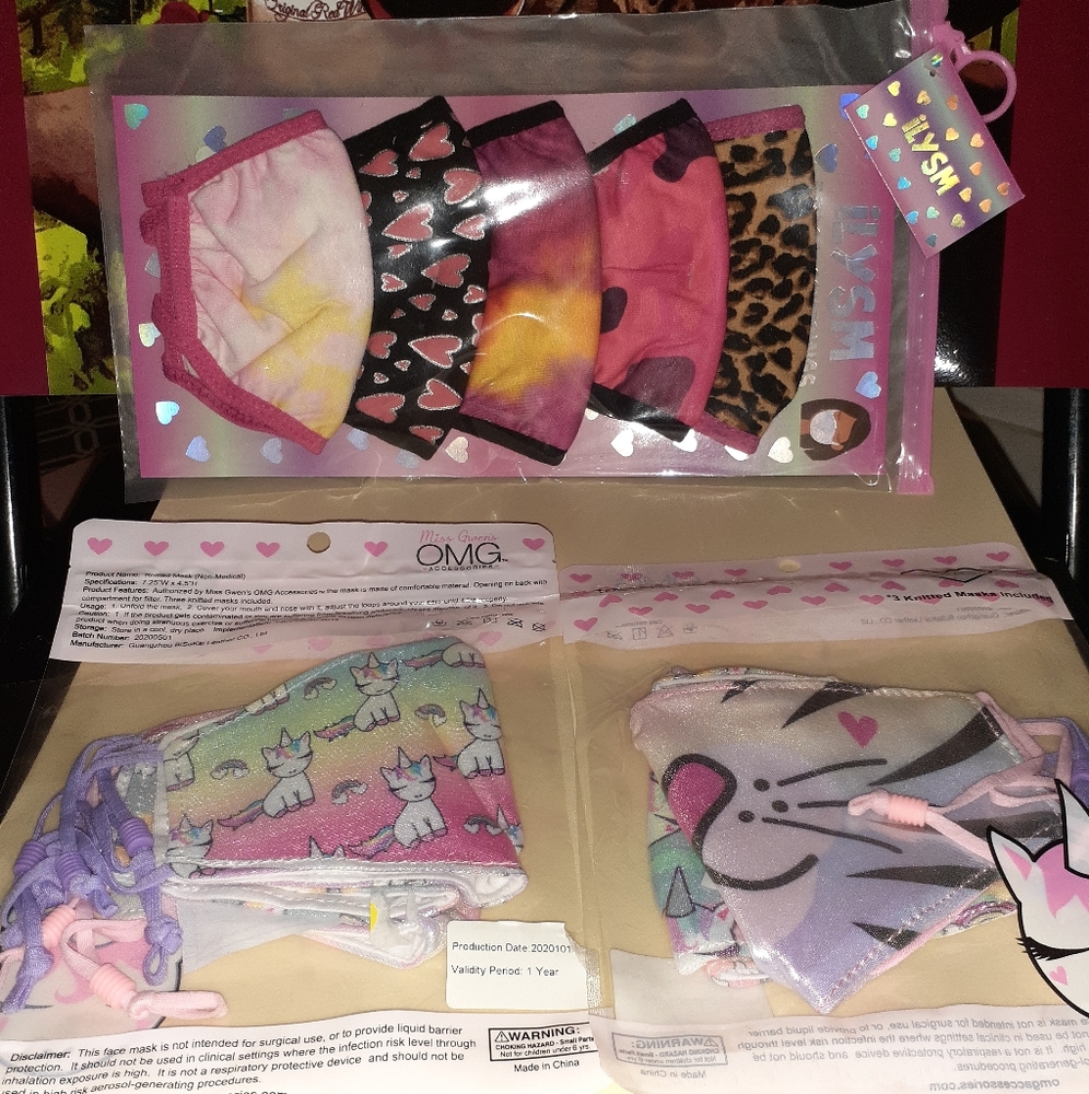 Sold LOT OF 11 GIRLS MASKS w/ REUSABLE POUCH